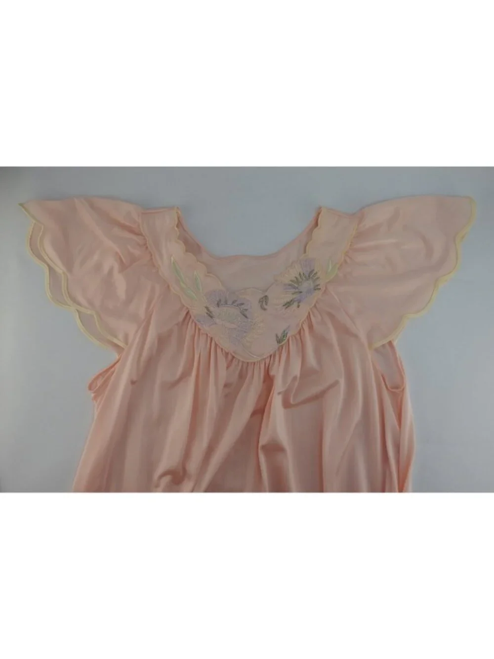 Vintage Shadowline Pink Embroidered Flutter Sleeve Nightgown Med USA Made Soft - Picture 2 of 13